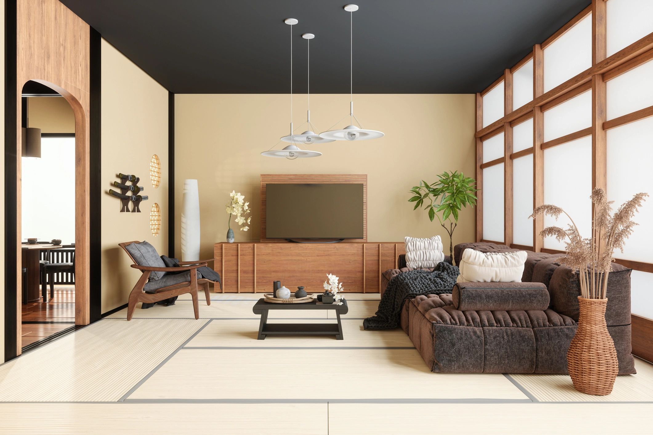 Warm residential living room with wood accents and finished interior details