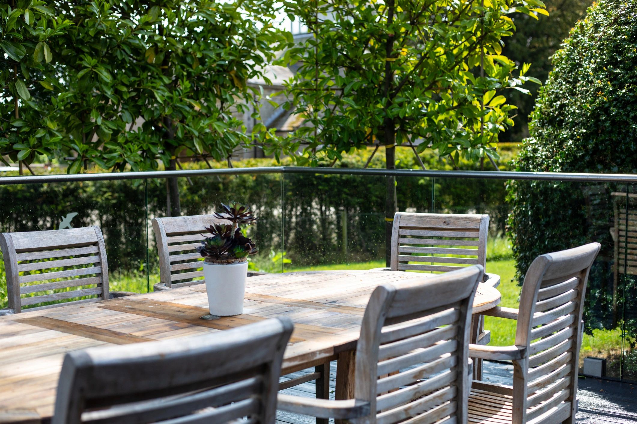 Outdoor seating area in a landscaped yard