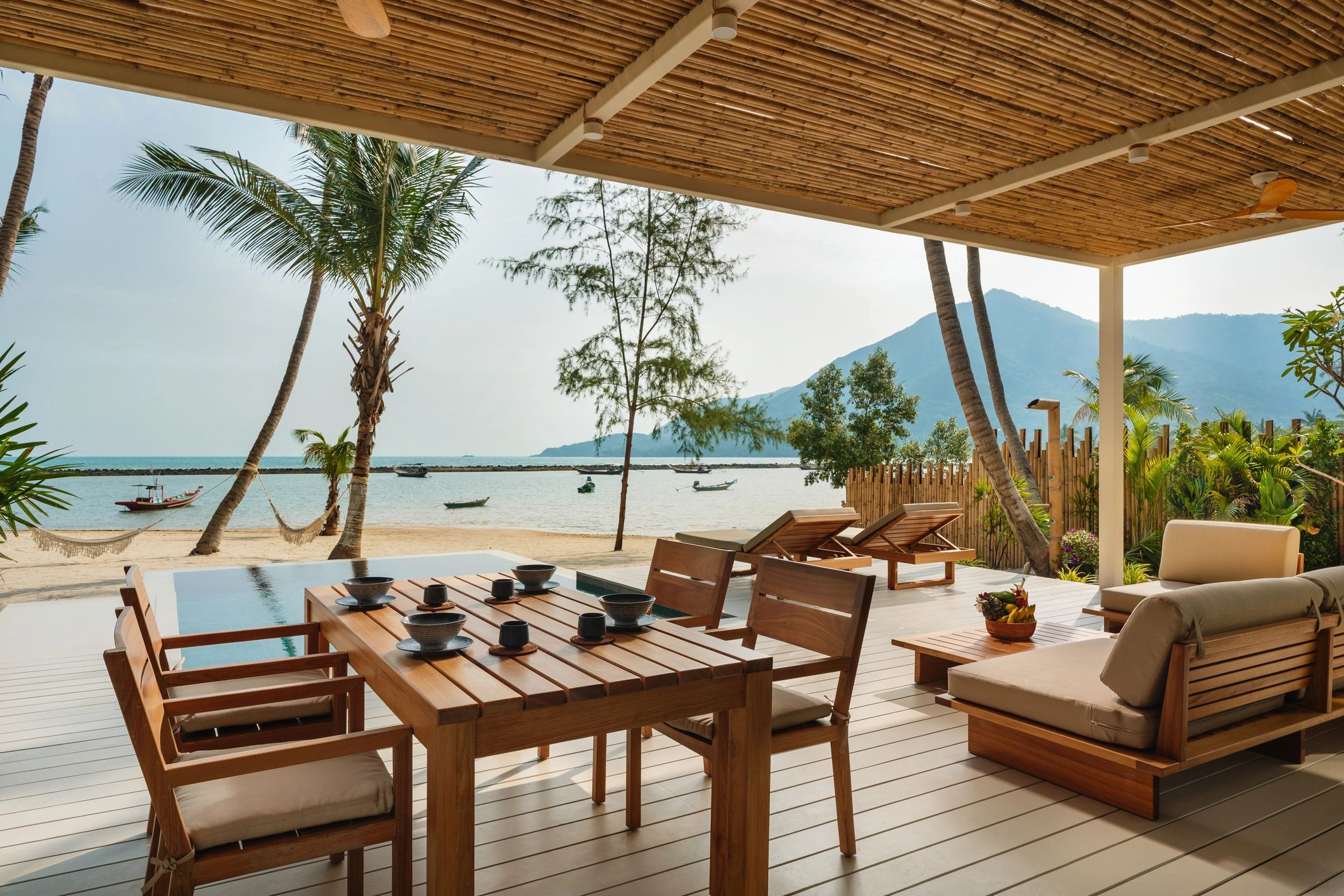 Outdoor dining area with wood features
