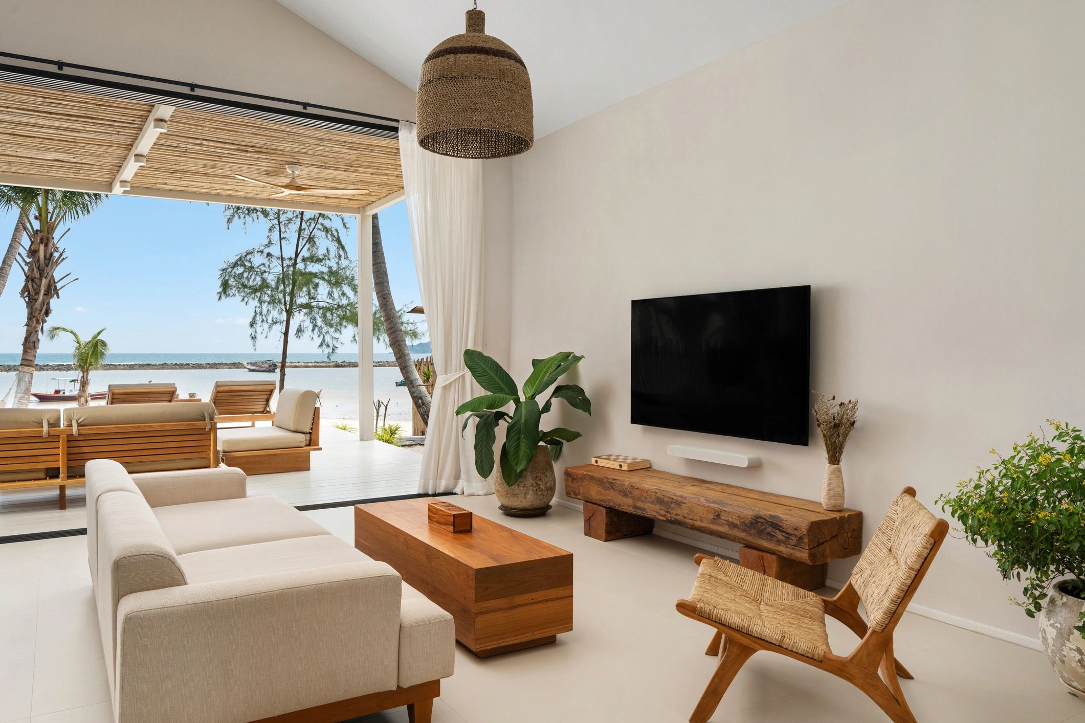 Living room with built-in shelving and custom interior wood features