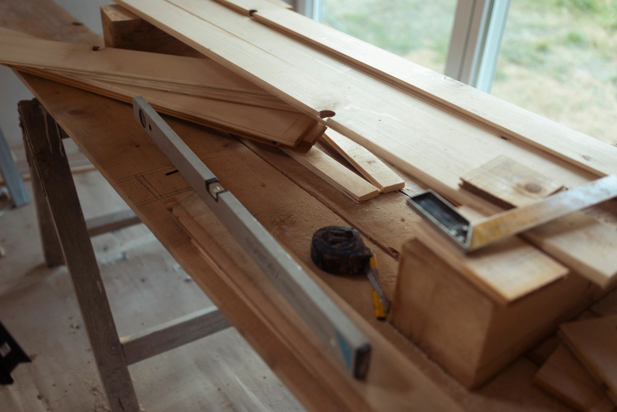 Wood materials and carpentry tools for custom trim and storage work