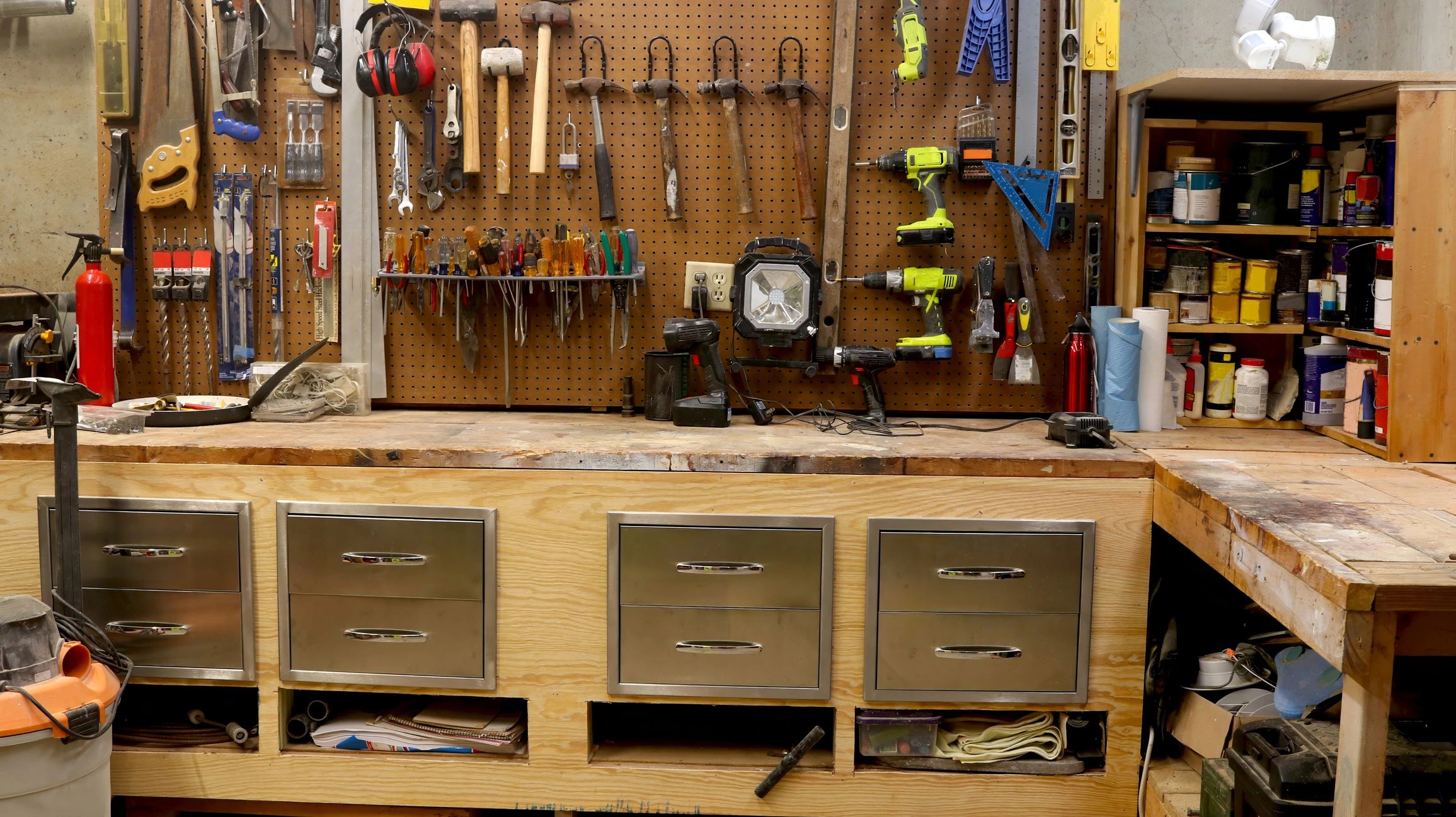 Outdoor carpentry work area with wood materials